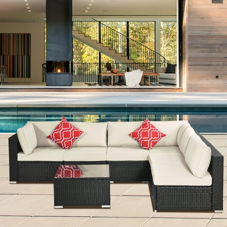 Rattan Wicker Patio Furniture 7 Piece Patio Furniture Sofa Sets with 6 PE Wicker Sofas 2 Pillows Coffee Table All-Weather Patio Conversation Set with Beige Cushions for Backyard Porch Garden Pool