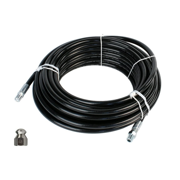 Schieffer 1/4in. x 50ft. 4400 PSI Thermoplastic Sewer Jetter Hose & 4.5 Orifice Button Nose Nozzle
