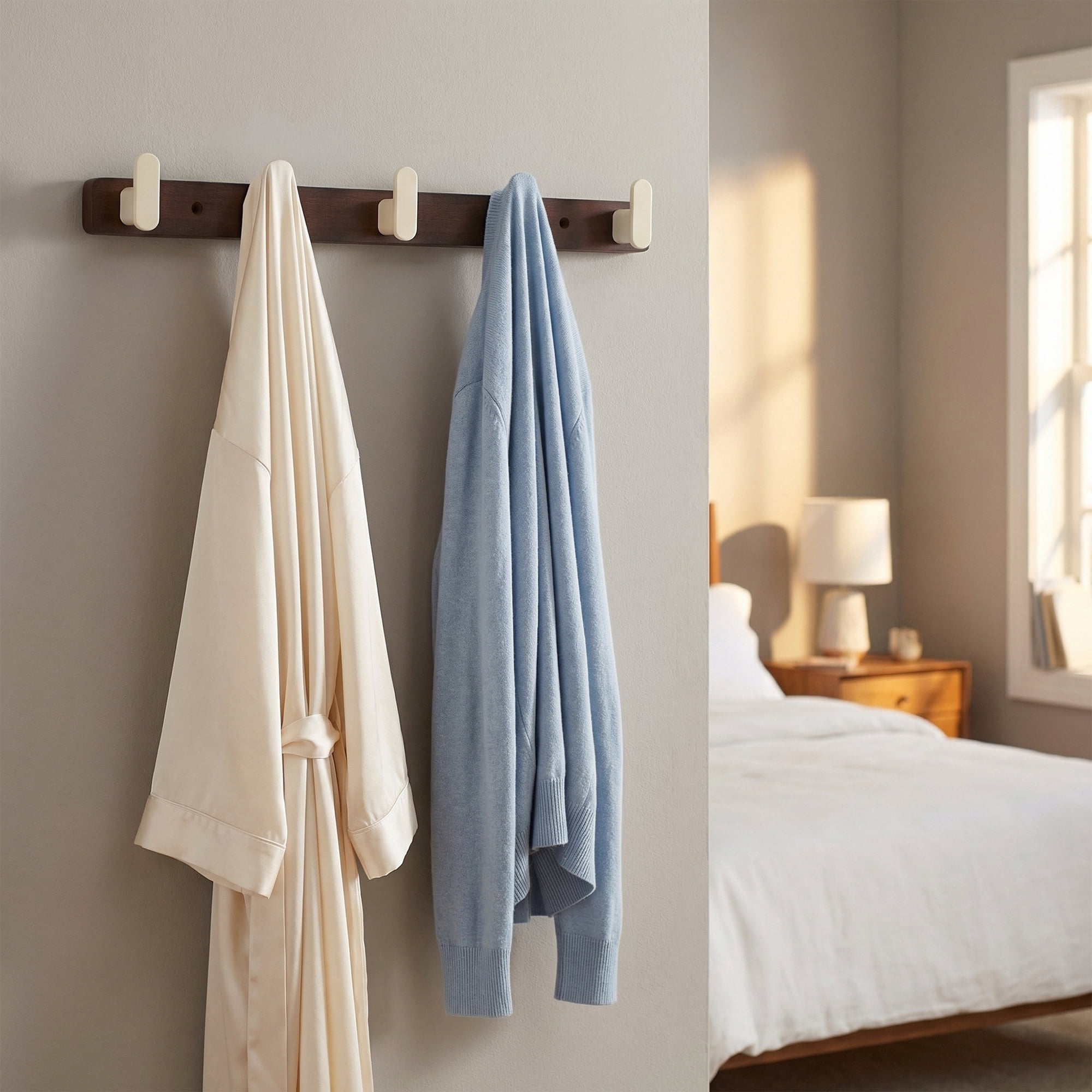 Unique Bargains Coat Rack Wall Mount Aluminum Wood 5 Hooks for Hanging Entryway White