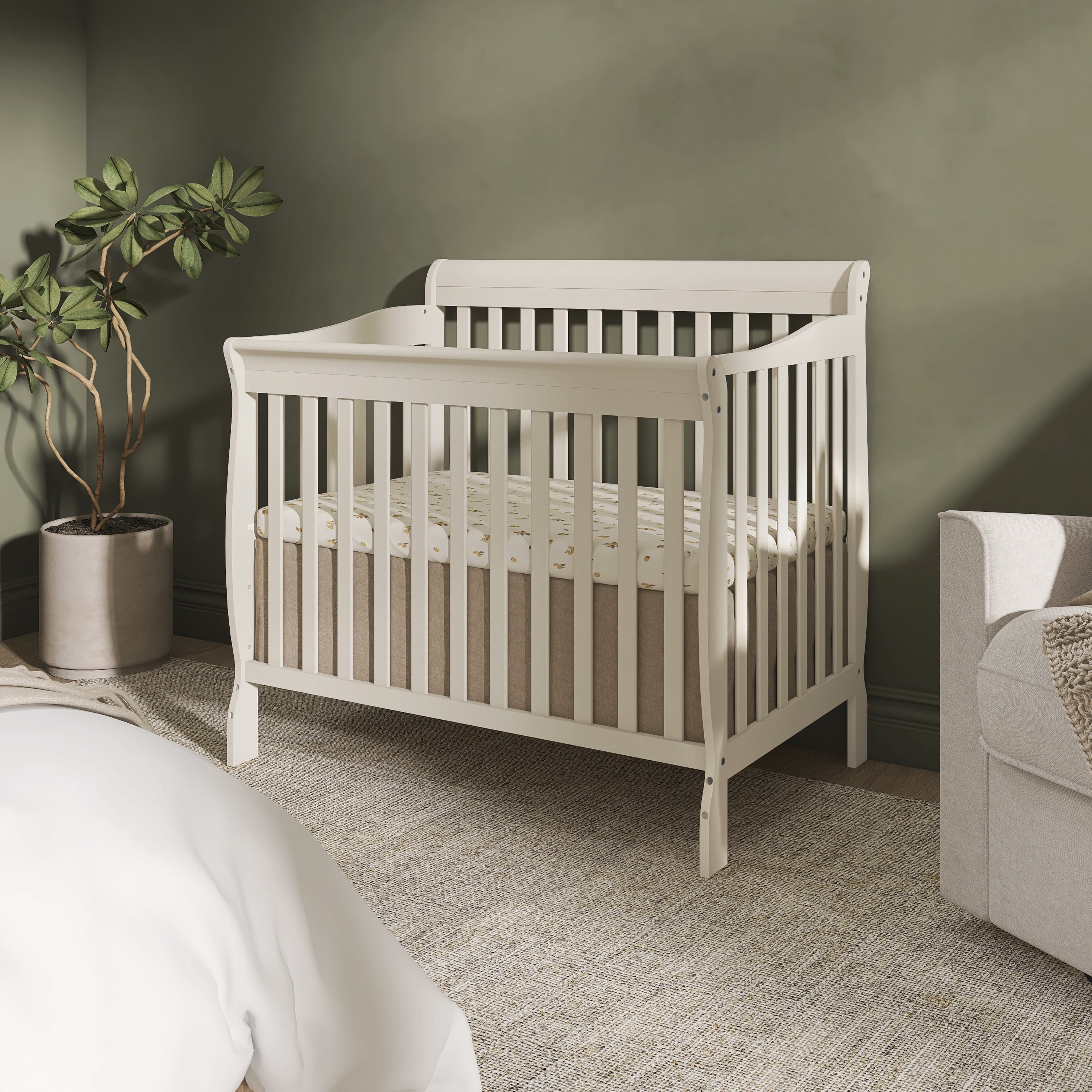 Dream On Me Aden 4-in-1 Convertible Mini Crib In French White, Greenguard Gold Certified
