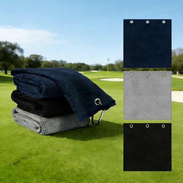 Microfiber Golf Towel, Premium Cleaning Cloth With Metal Clip and Hook Loop Fastener, for Club and Ball Maintenance, Dark Blue