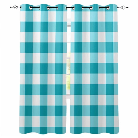 Turquoise Checkered Blackout Curtains 54 Inches Long for Bedroom, Farmhouse Buffalo Plaid Thermal Insulated Room Darkening Black Out Window Curtain Panels Grommet Drapes for Living Room