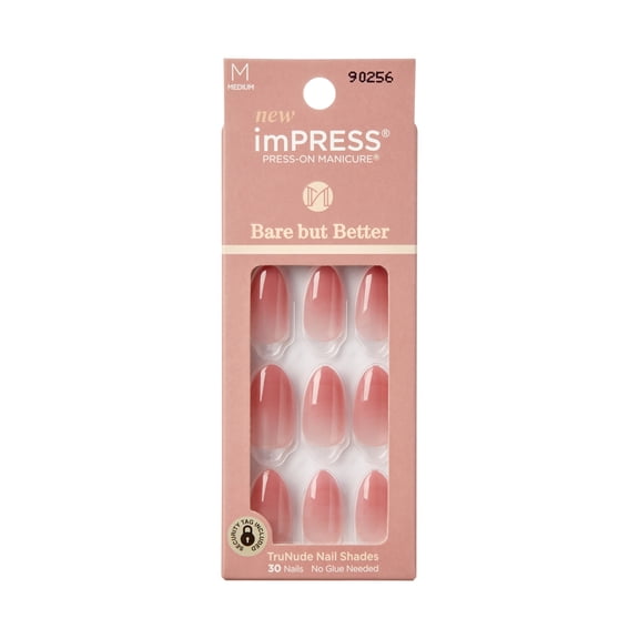 KISS imPRESS Bare but Better  Press on Nails, Back to Basics, Pink, Medium Almond, 30 Count