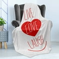 thumbnail image 4 of Live Laugh Love Soft Flannel Fleece Throw Blanket, Way of Life Style Heart with Smiling Form and Phrase Design, Cozy Plush for Indoor and Outdoor Use, 60" x 80", Red White, by Ambesonne, 4 of 5