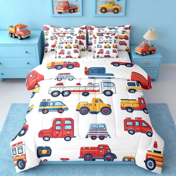 Erosebridal Fire Truck Rescue Vehicle Twin Bedding Sets for Boys and Girls, Red Yellow White Cartoon Bedding Comforter Set, Reversible, 7-Piece