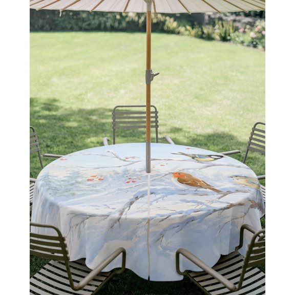 Outdoor Tablecloth with Umbrella Hole, Winter Snowy Scene Bird Tree Branch Zippered Table Cloth for Square Tables, Christmas Red Berry Washable Waterproof Tablecloths for Picnic Patio Garden