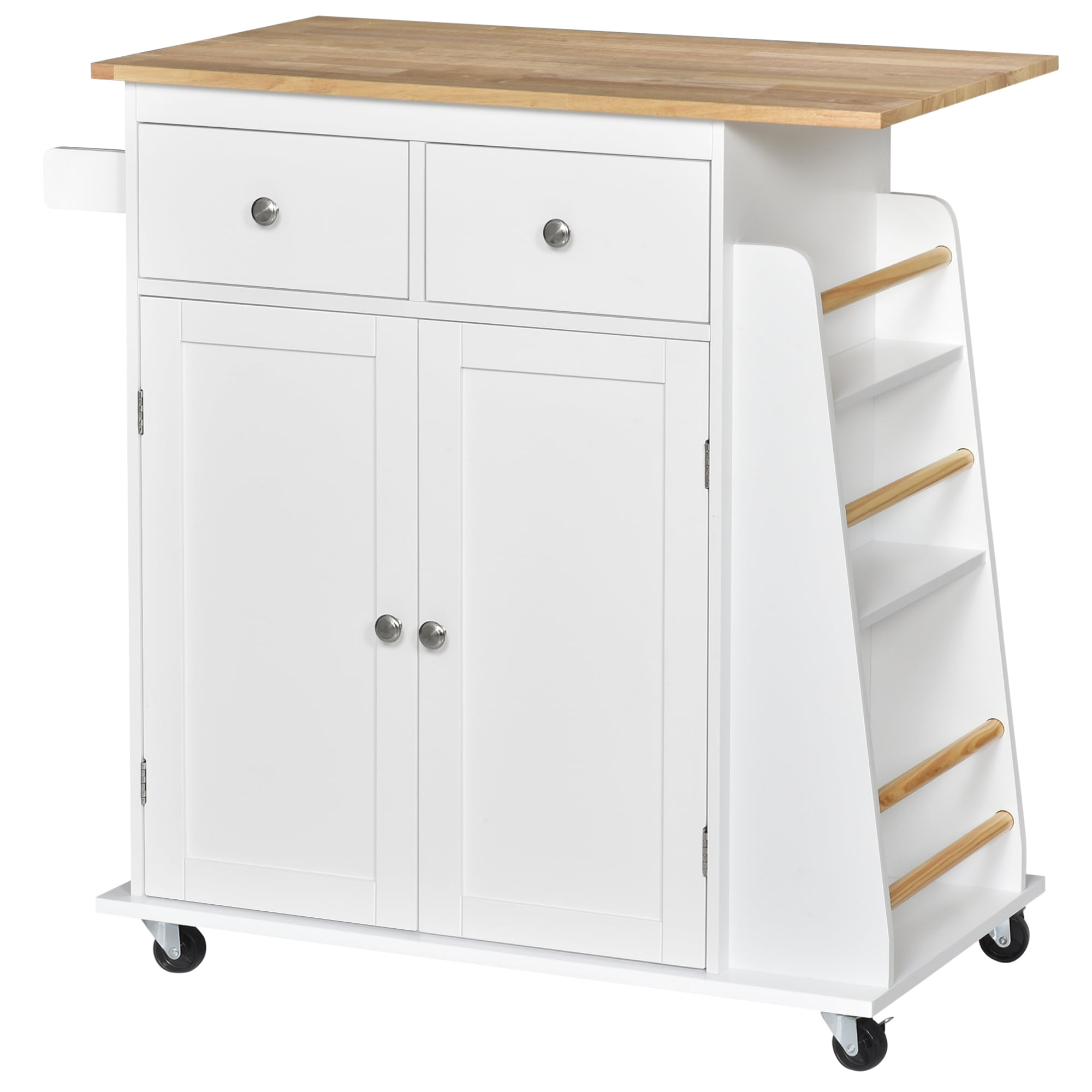 HomCom Rolling Kitchen Island Cart with Rubber Wood Top, 3-Tier Spice Rack, Towel Rack and Drawers for Dining Room
