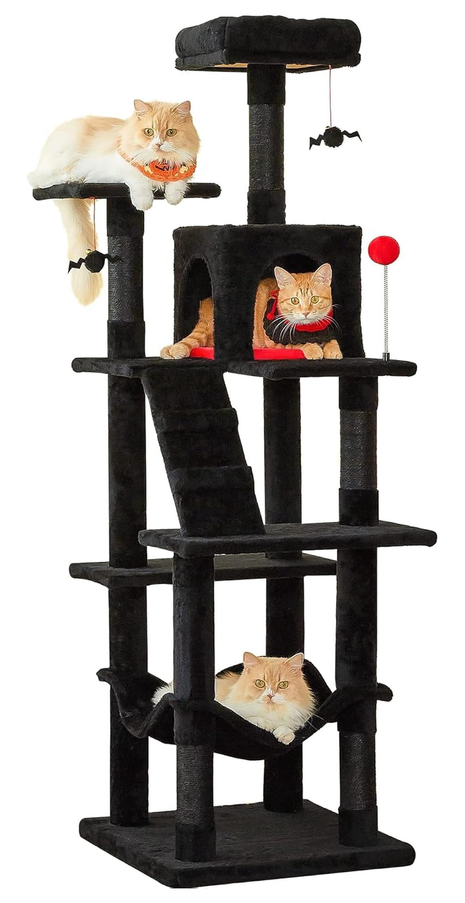 Gothic Cat Tree for Indoor Cats, 63.8" Multi-Level Tower - Black Cat Condo with Sisal Scratching Posts, Hammock & Bat Toys