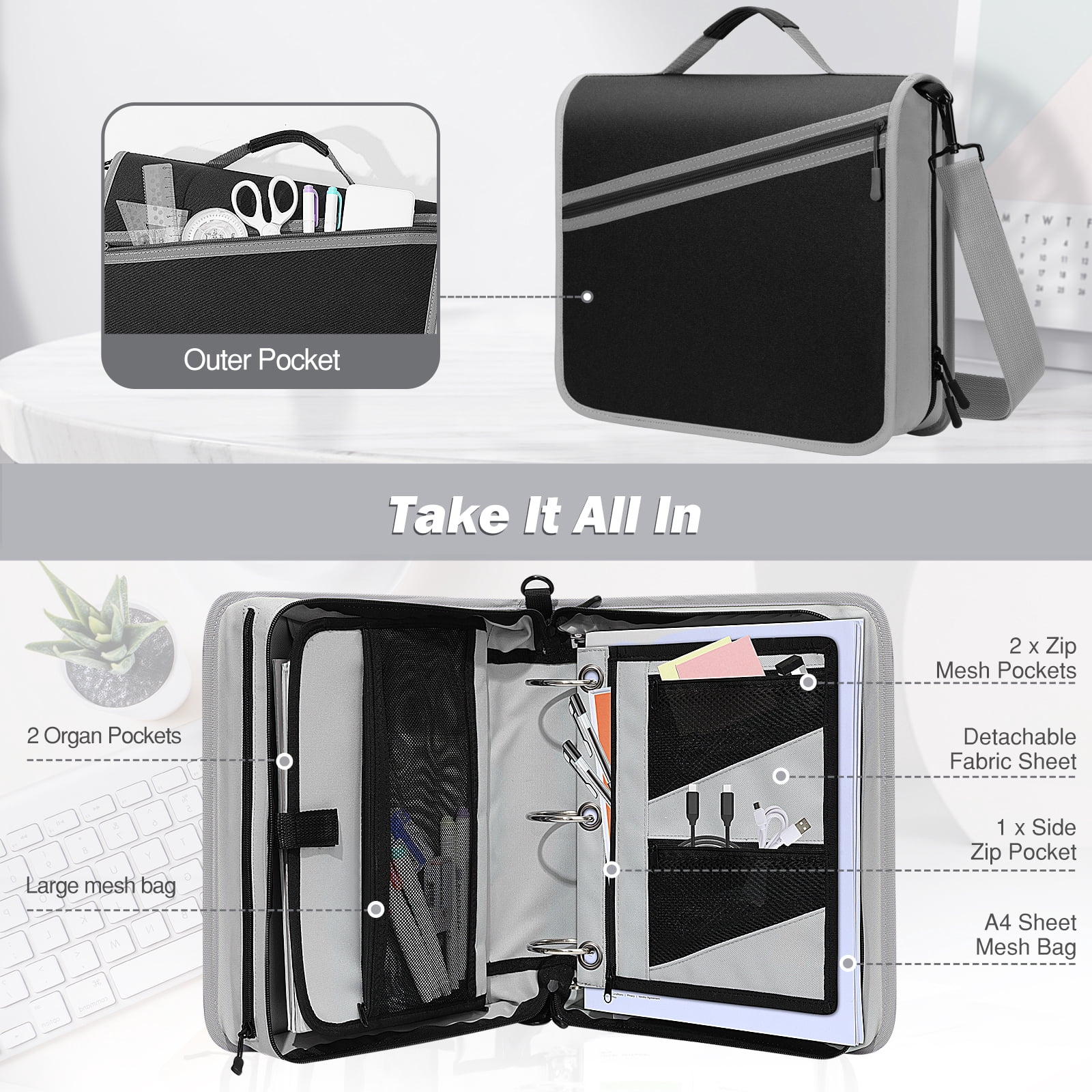 MoKo Zipper Binder, 3 inch 3 Ring 600 Sheet Capacity Multi-Pocket School Binder with Handle and Shoulder Strap, School Supplies, Black