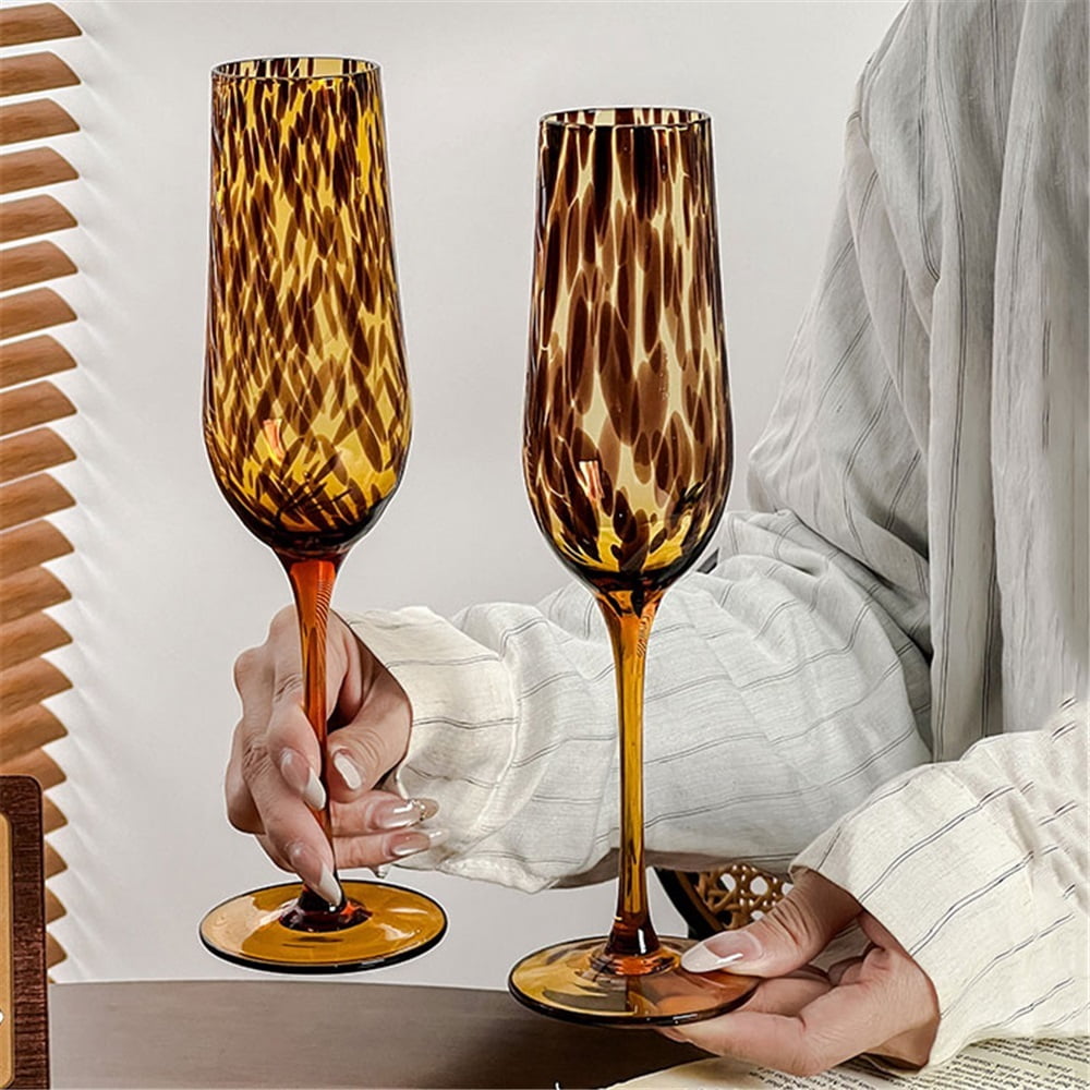Vintage Champagne Glass, Leopard Print Champagne Flute Glass Set of 2 Capacity 8.29 oz for Couples Dating Christmas