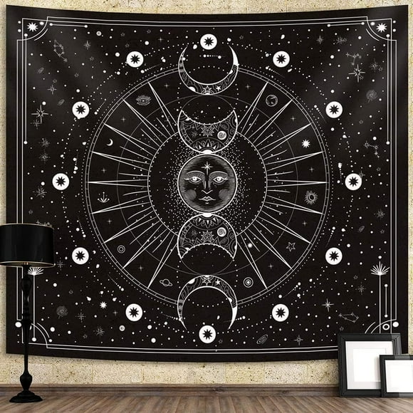 Sun Moon Tapestry Wall Hanging Stars Space Psychedelic Black and White Wall Tapestry for Bedroom Aesthetic Home Wall Décor