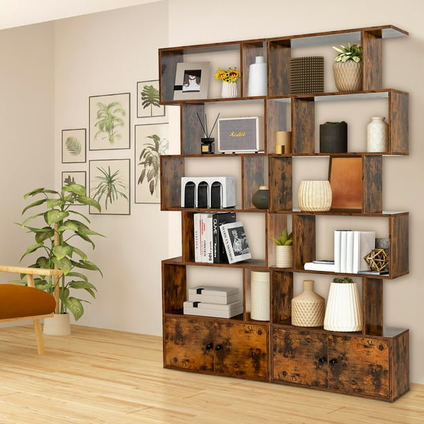 Gymax 2 PCS Bookshelf w/ Cabinet 6-Tier S-Shaped Bookcase Storage Rack Rustic Brown