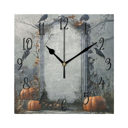 WOBOGO White Tombstone with Pumpkins Wall Clock 7.78 Inch Battery Operated Silent Unit Square Rustic Vintage Style for Home Bedroom Office Black Pointer
