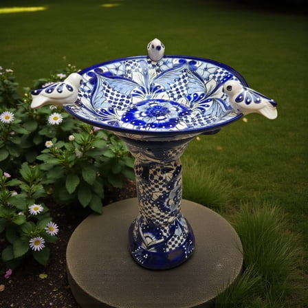 Blue & White Talavera Bird Bath with Rim Birds | Mexican Garden Art