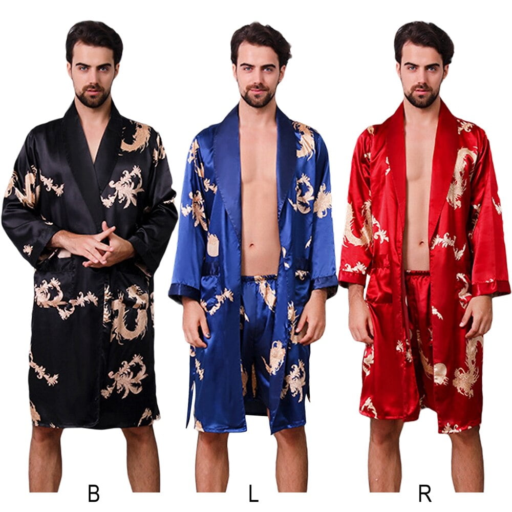 WAITAO Silk Robes for Men,Mens Silk Robe,Mens Robe,Satin Bathrobe Nightgown  S~3XL (Color : Black Striped, Size : S)