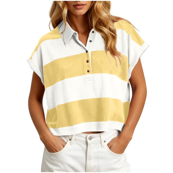 LEKWK Going Out Tops for Women Short Sleeve V Neck Casual Striped Shirts Lightweight Loose Fit Collared Cropped Tee Tops Summer Fashion Daily Outfits