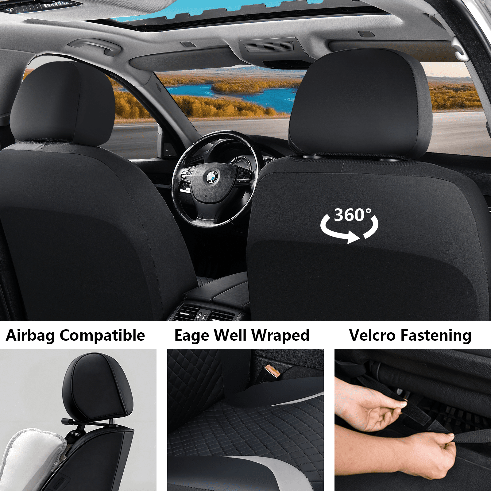 Coverado PVC&Fabric Car Seat Covers, Front Car Seat Protectors, 4 Pieces Universal Fit for Most Cars SUV Trucks, Black