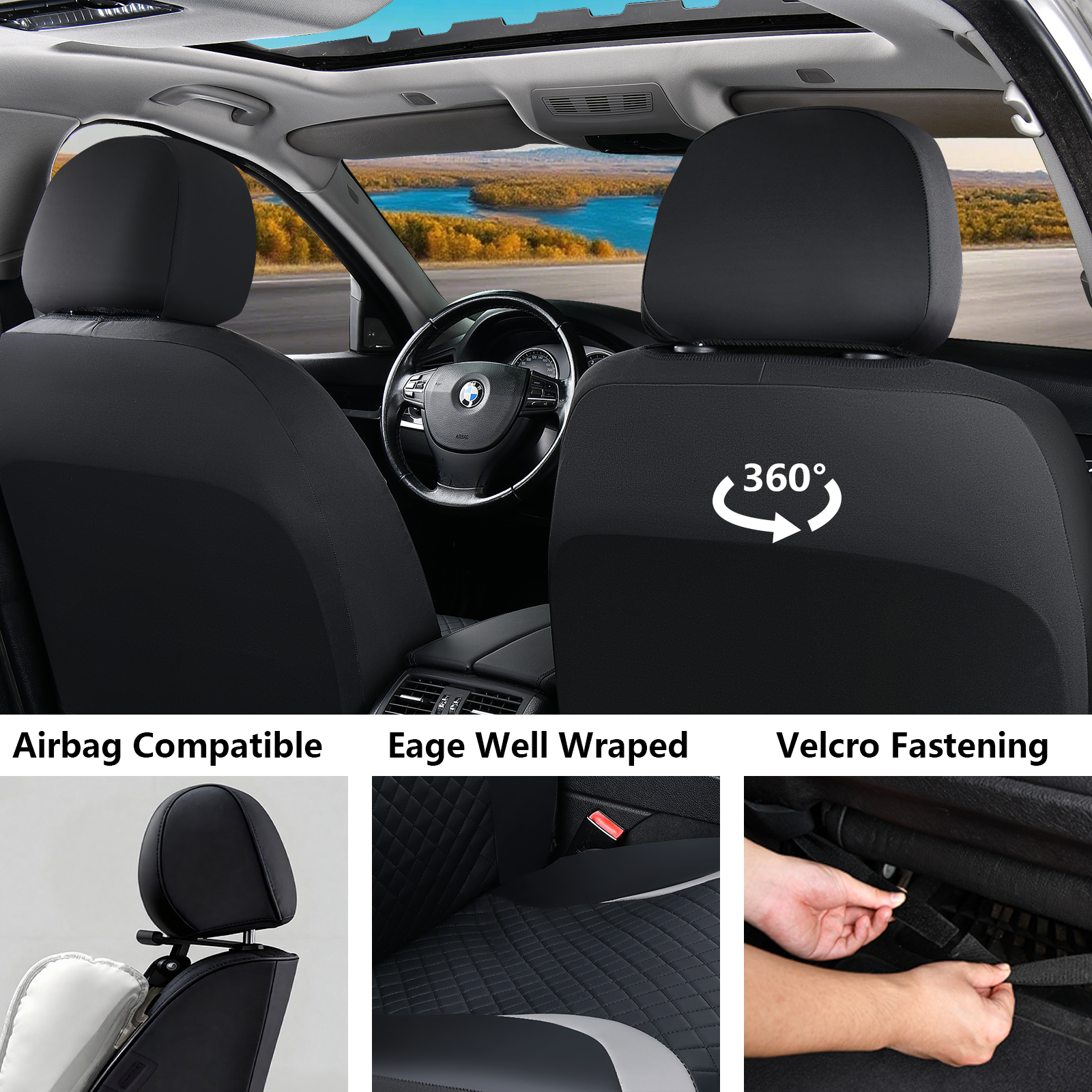 Coverado PVC Leather Front Seat Covers, Black, 4-Piece photo 6