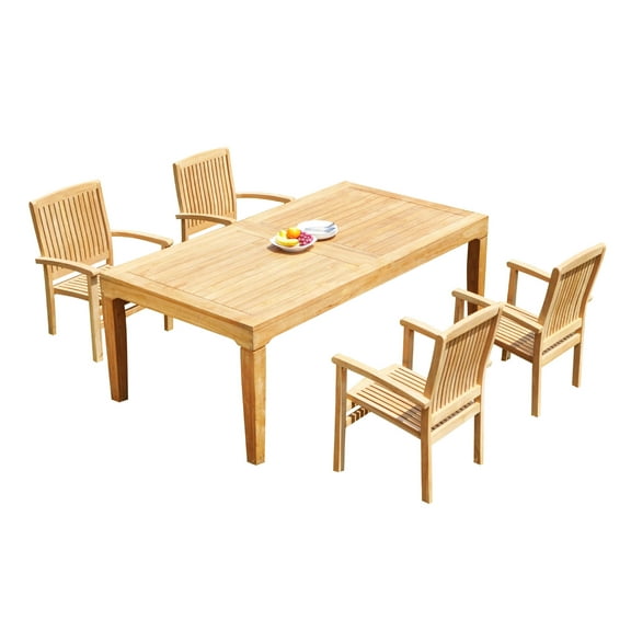 Grade-A Teak Dining Set: 4 Seater 5 Pc: 122" Caranas Rectangle Table And 4 Wave Stacking Arm Chairs Outdoor Patio WholesaleTeak #51WV2905
