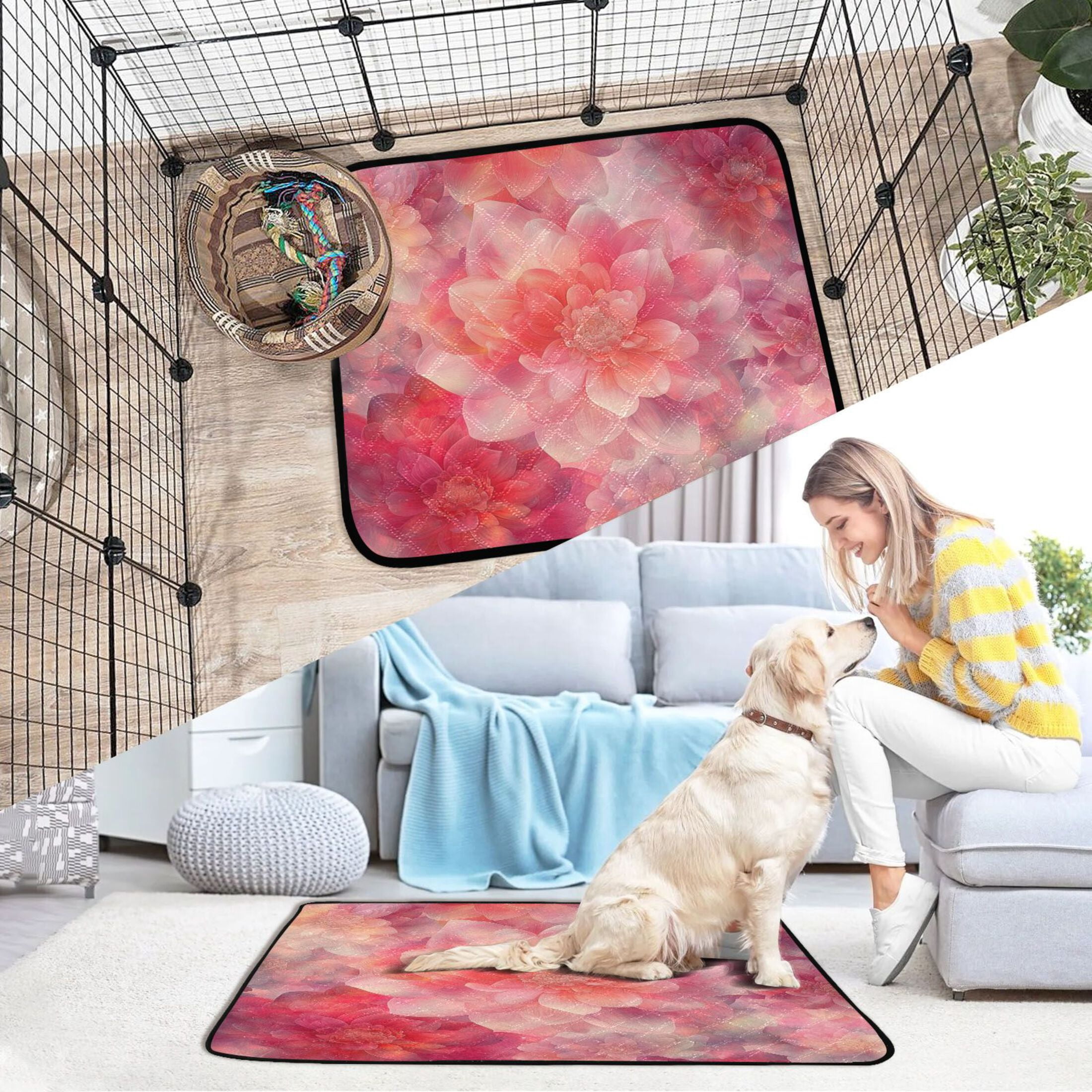 Qxltty Transparent Red Flower Cat litter Pads Pet Set of 3 Diaper Mats Center Anti-leakage Layer Absorbent Soft and Comfortable