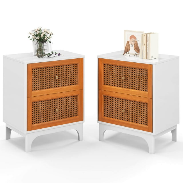 Costway 2 PCS Rattan Nightstand with Storage Wood End Sofa Side Table with 2 drawers Wood Legs