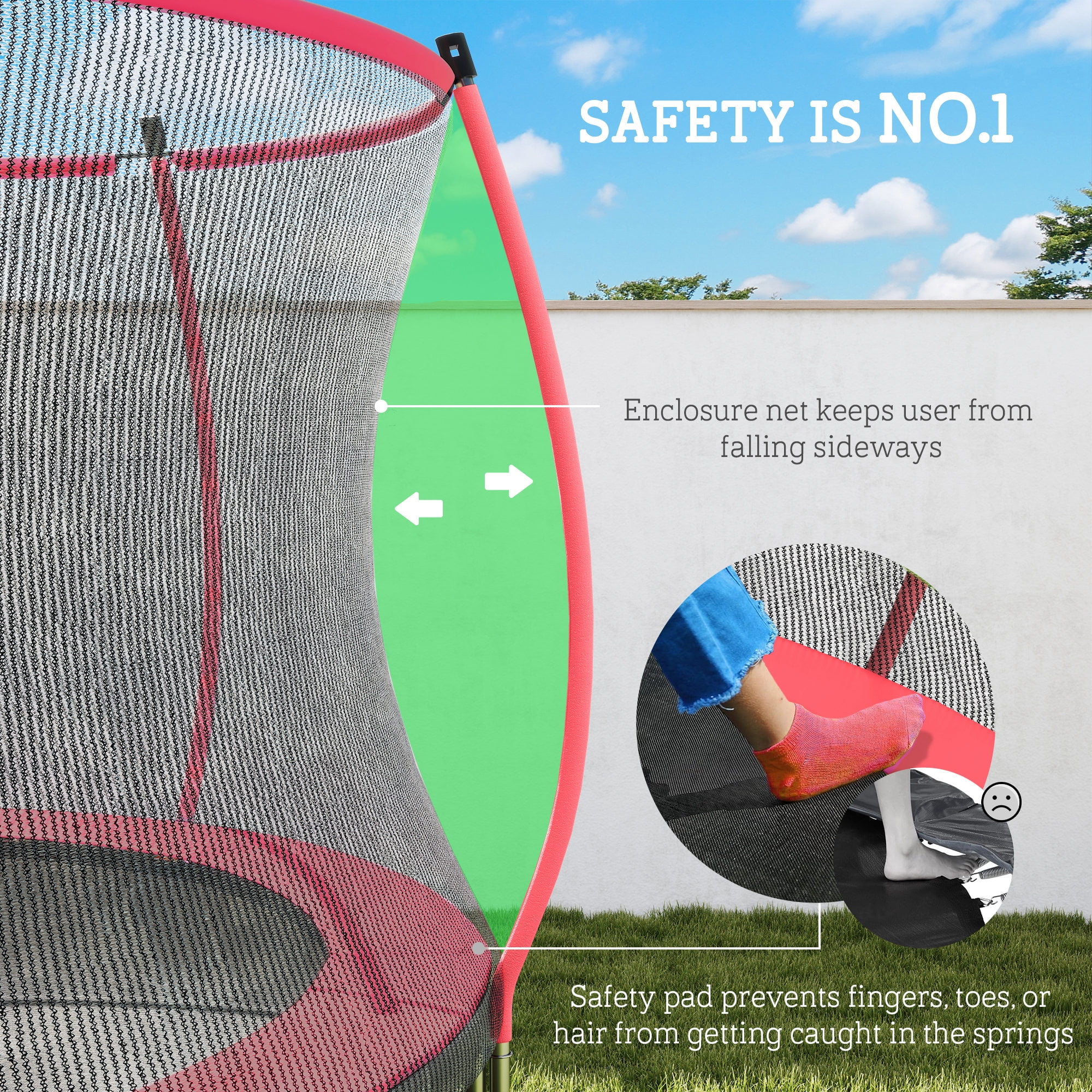 Soozier 10ft Outdoor Trampoline with Net Enclosure, Curved Poles and Safety Spring Cover,  Red