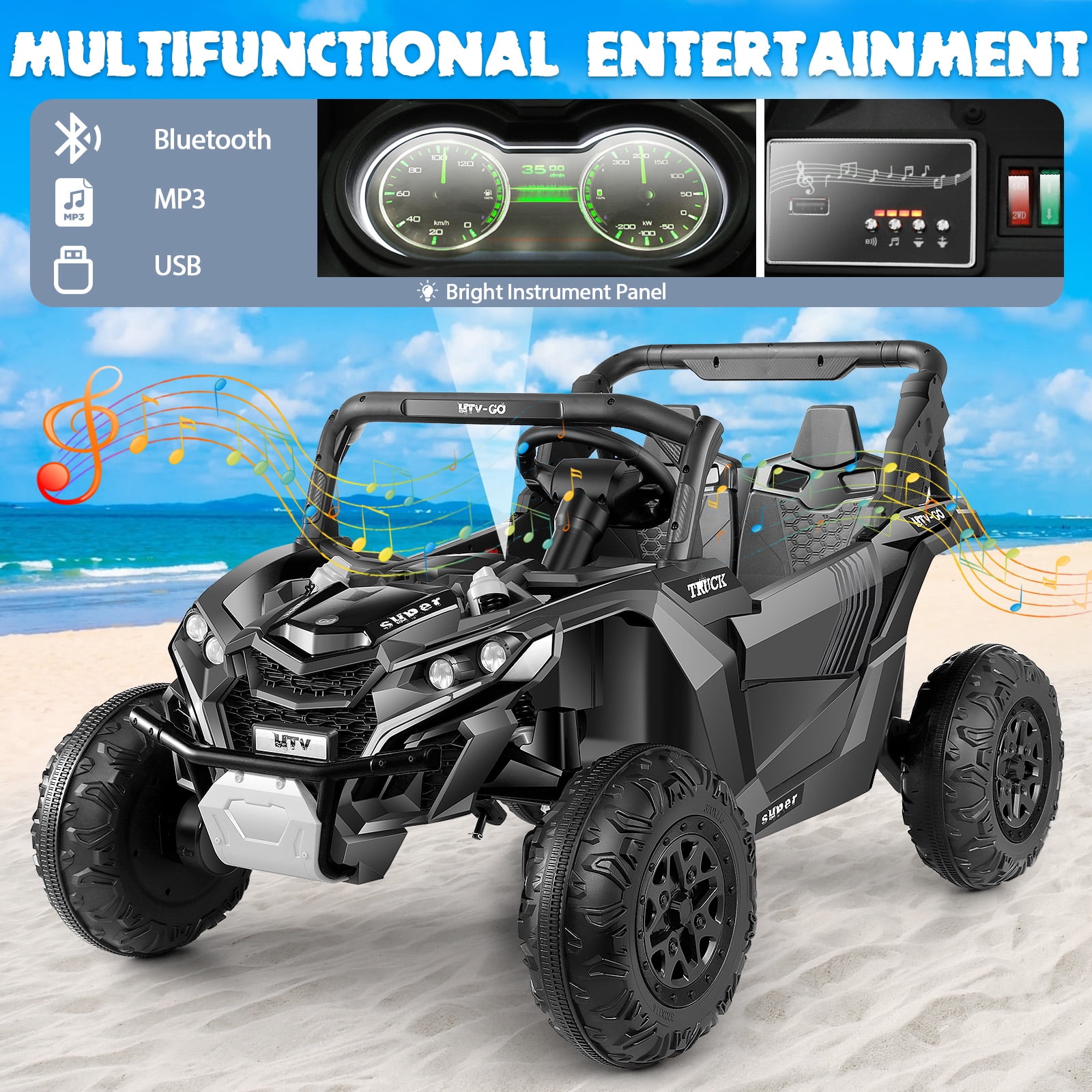 Funcid 24V Ride on Car for Kids, 2WD/4WD Switchable Ride on Car with Remote Control, 2 Seater Ride on Toys, UTV, Bluetooth, Music, LED Lights, Storage Space