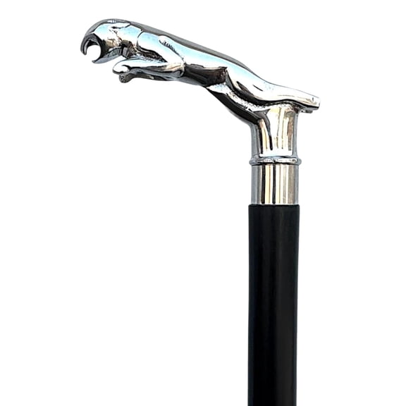 Black Hardwood Wooden Stick with Silver Brass Jaguar Handle, Antique Fancy Walking Cane for Men & Women, Giftable Collectible Cane