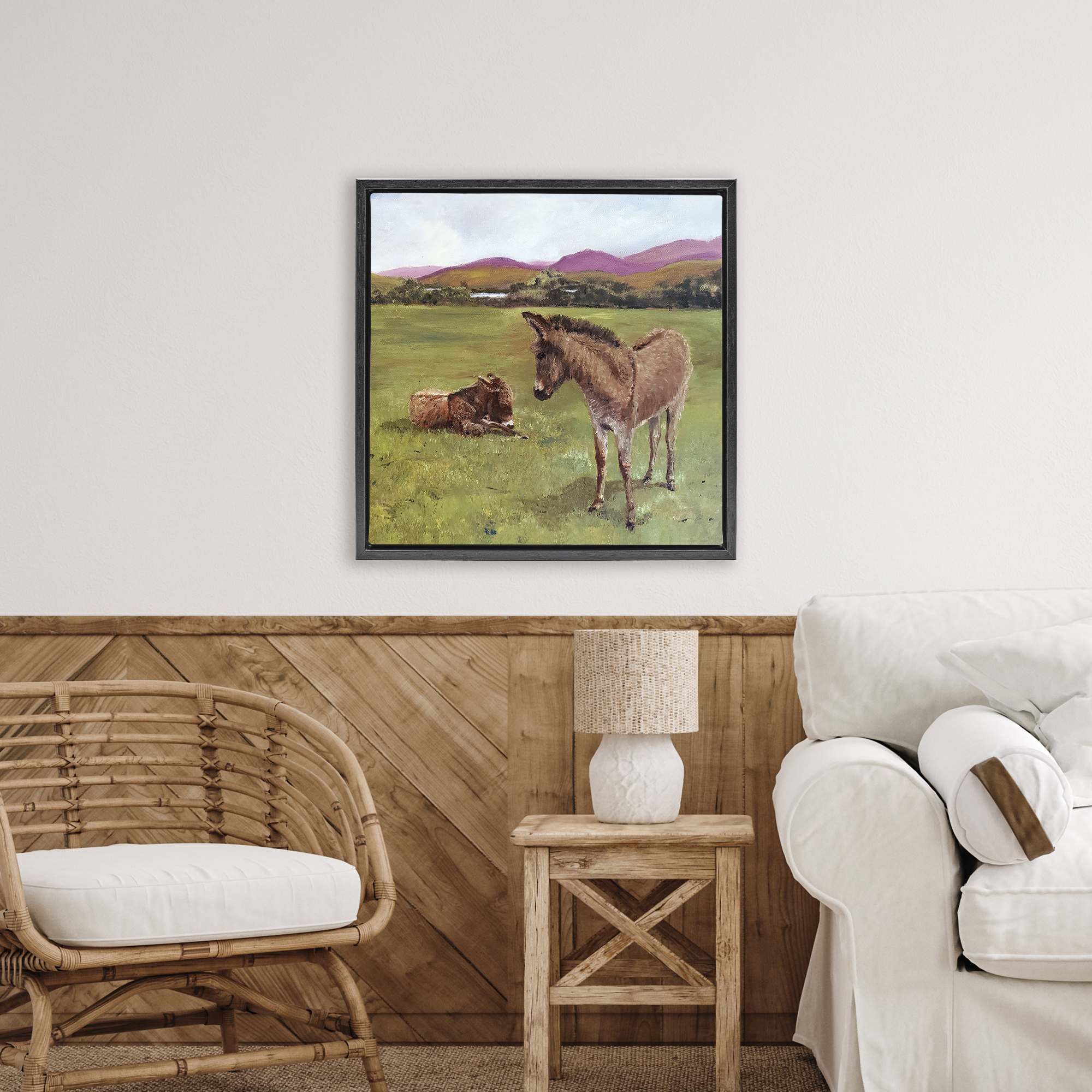Donkey Duo in Pasture Black Framed Floater Canvas Wall Art, design by Patricia Reynolds