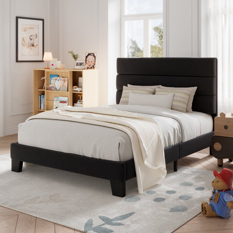 Allewie Twin Platform Bed, Velvet Upholstered Headboard photo 2