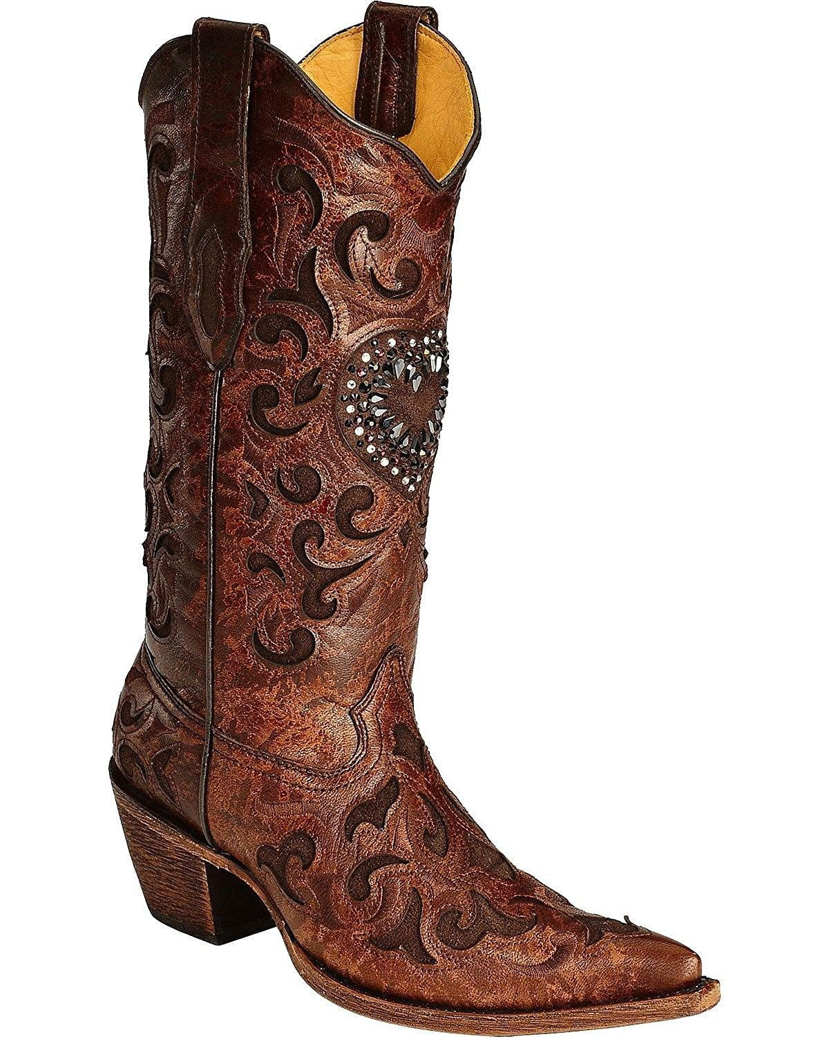 Corral Women's Burnished Goatskin Crystal Heart Cowgirl Boot Pointed Toe Cognac 