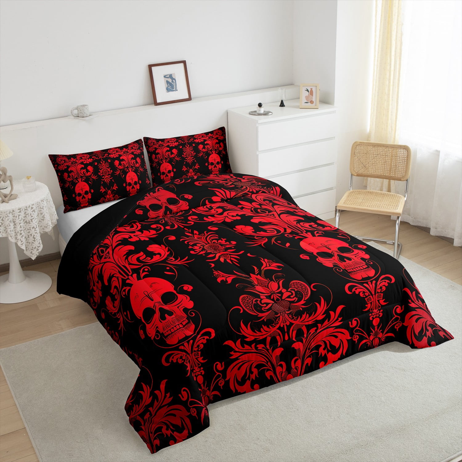 Adults Red Damask Bedding Set Antique Victorian Baroque Comforter Set Full Size,Gothic Vintage Floral Quilt Exotic Sugar Skull Duvet Insert,Gothic Bone Skeleton Bohemian Decor,Black