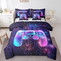 Manfei Girls Gamepad 7pcs Bedding Comforter Set,Modern Gamer Queen Bedding Sets,Galaxy Starry Sky Queen Sheet Sets,Ultra Soft Home Decor Reversible