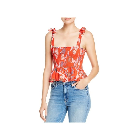 DOLAN Womens Red Stretch Smocked Ruffled Pleated Tank Floral Sleeveless Square Neck Top L