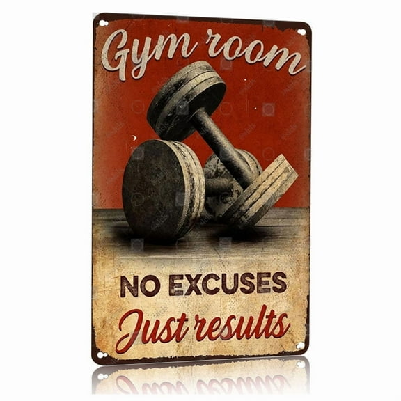Vintage Gym Motivation Metal Sign 8x12 Inches Aluminum Fitness Poster with Dumbbell DeSign for Home Gym Man Cave Garage Wall Decor Workout Room Inspirational Art No Excuses Just Results