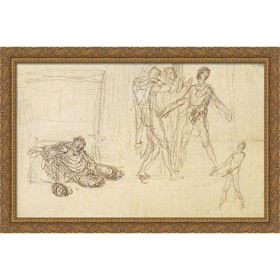 The Drunkeness Of Noah 40x26 Large Gold Ornate Wood Framed Canvas Art by Jean Francois Millet