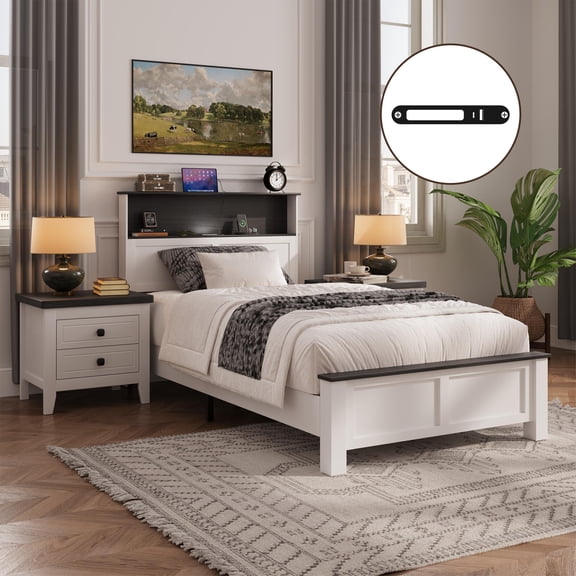 LEGAHOME Twin Platform Bed Frame with LED Light & Charging Station, Wood Slat Support, Heavy Duty 330 lbs, No Box Spring Needed, White & Black