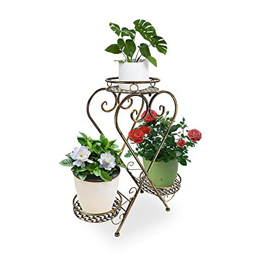 R-K 3 Tier/Layers Metal Plant Stand with Three Round Trays Receptions living Room Exhibitions or any decoration Foldable Plant Holder for Indoor Grey+Gold Hotels
