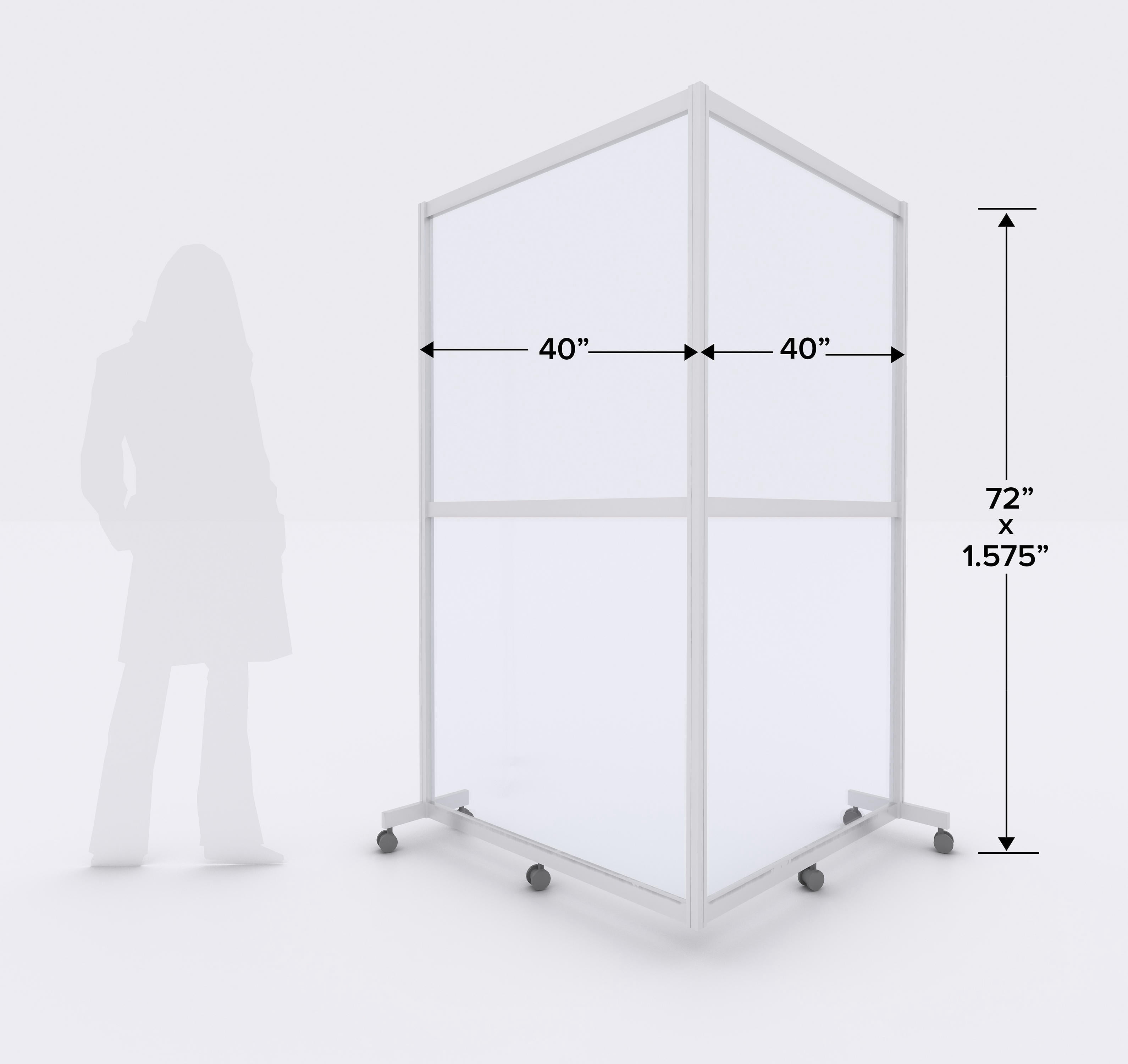 Mobile Floor Partition 2-panel CORNER Rigid Anodized Aluminum Frame - CLEAR - 40L" x 40W" x 72H"