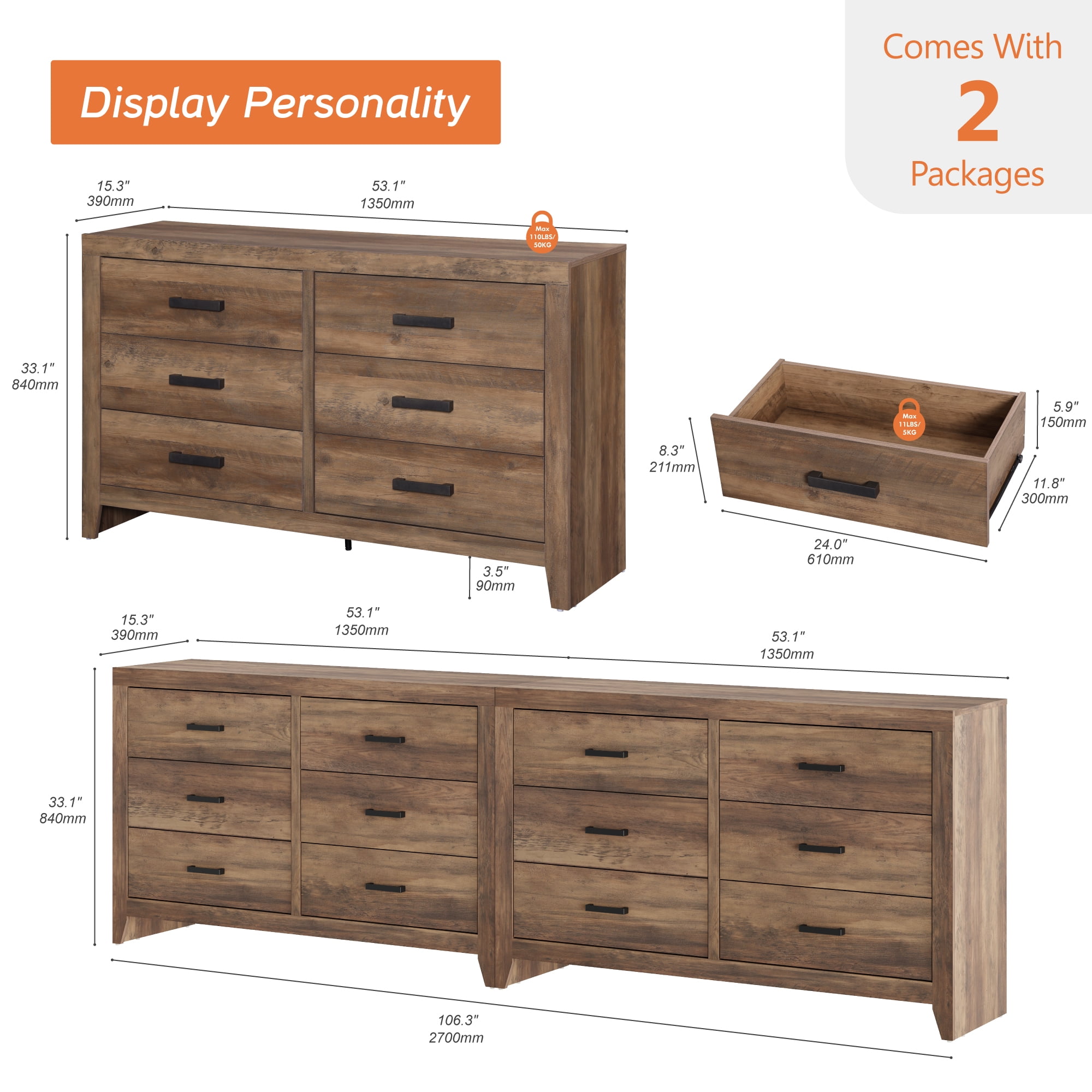 WAMPAT 106" Farmhouse Dresser with 12 Drawers, Extra Wide Wood Chest of Drawers Storage Cabinet for Bedroom, Living Room, Hallway