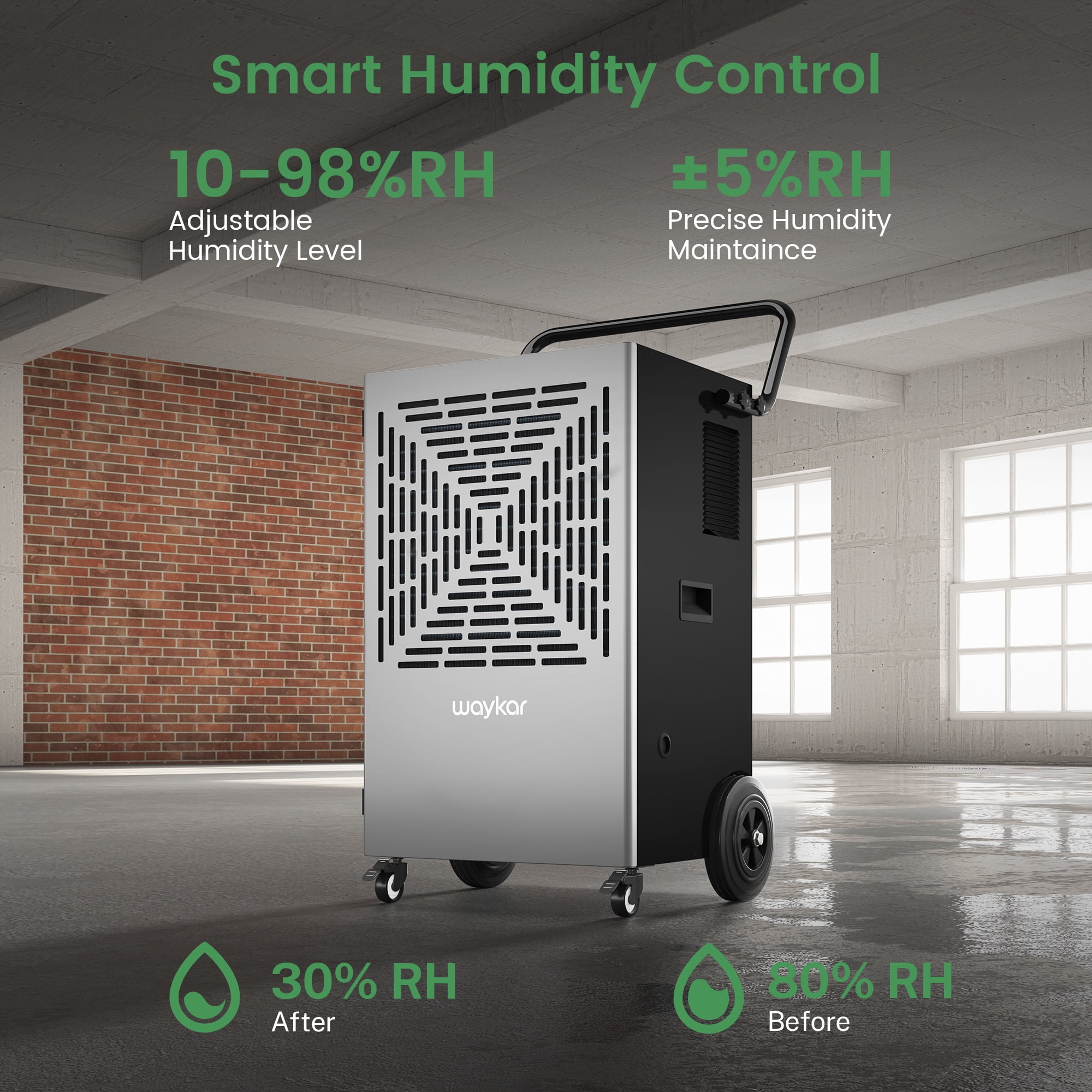 Waykar 72 Pints Commercial Dehumidifier for Large Spaces up to 8000 Sq.Ft with Pump, Smart Humidity Control, Auto Defrost, 24H Timer - for Basements, Warehouses, Home, Office