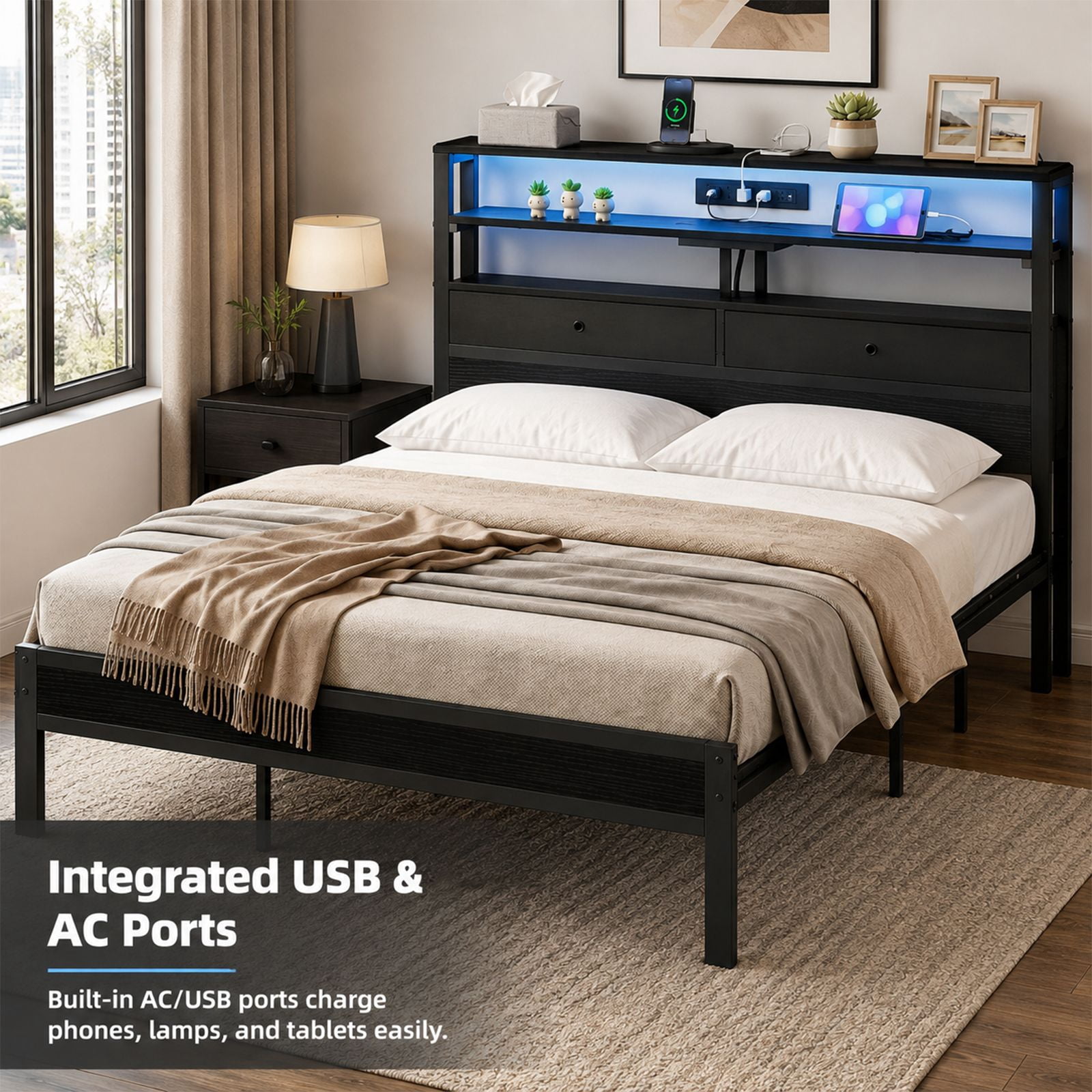 Alvantor Bed Frame with Storage Headboard, Sturdy Metal Platform Bed Frame with LED Lights and Charging Station, Easy Assembly, No Box Spring Needed, Noise Free