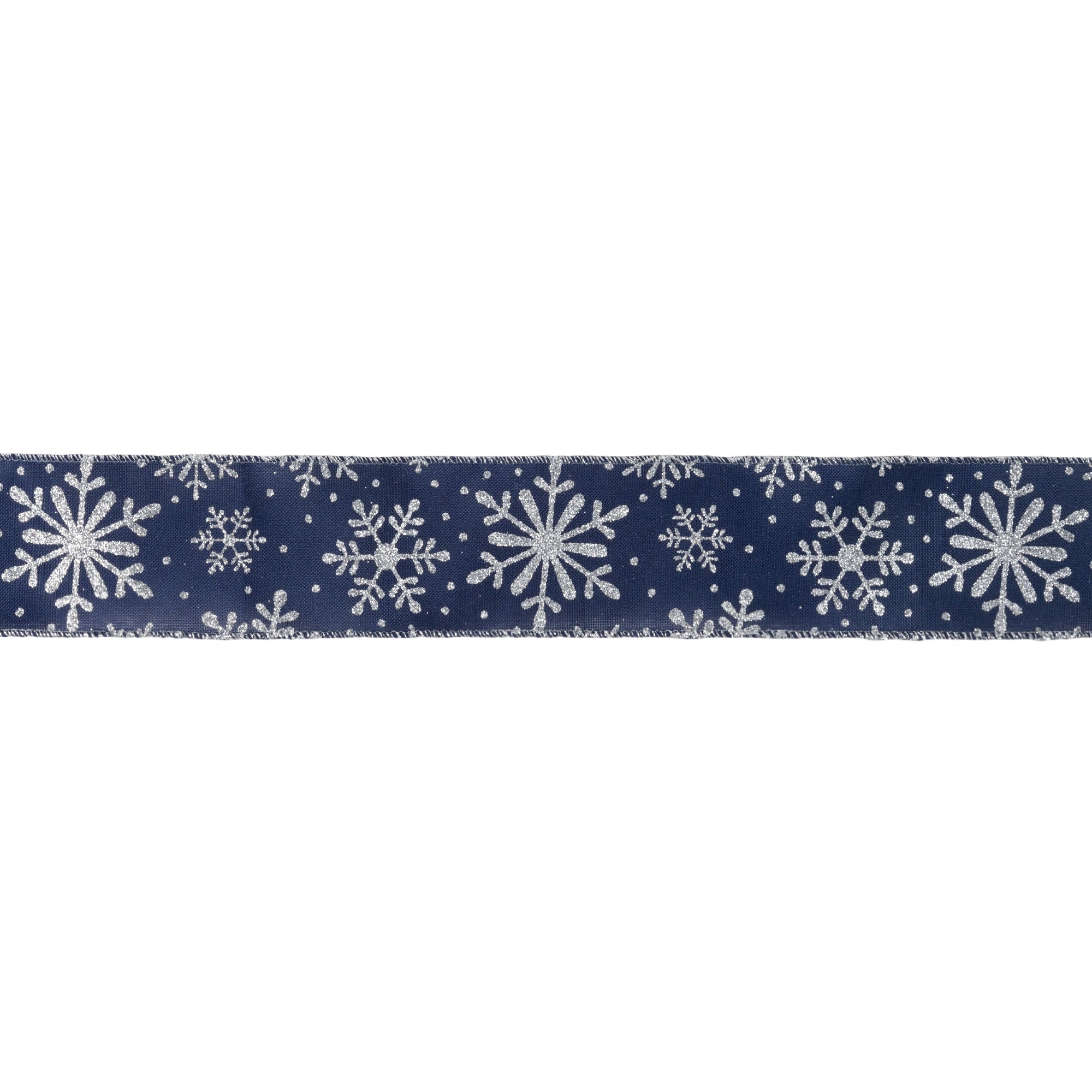 LaRibbons 2 1/2" Faux Linen Wired Ribbon, Blue w/ Giltter Silver Snowflake, 25 Yard Roll