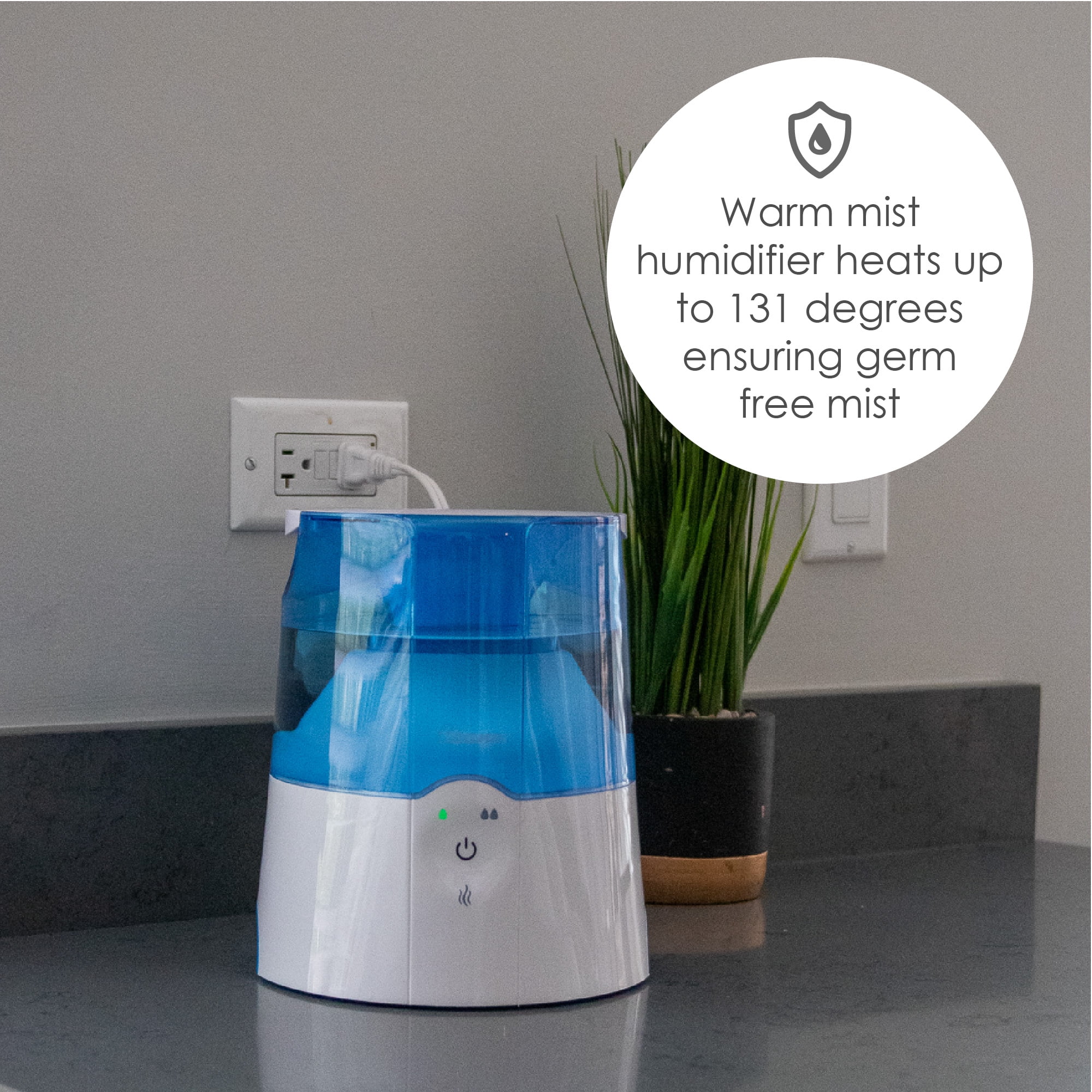 Crane 0.5 Gal. Warm Mist Humidifier, 2 Speed Settings, Medicine Cup, 13 Hour Run Time, Blue/White