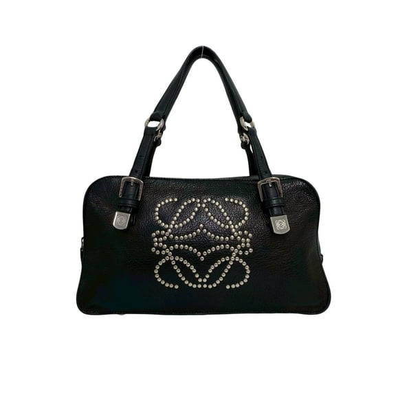 Pre-Owned LOEWE Anagram Studded Logo Leather Handbag Mini Tote Bag Boston Black 40190