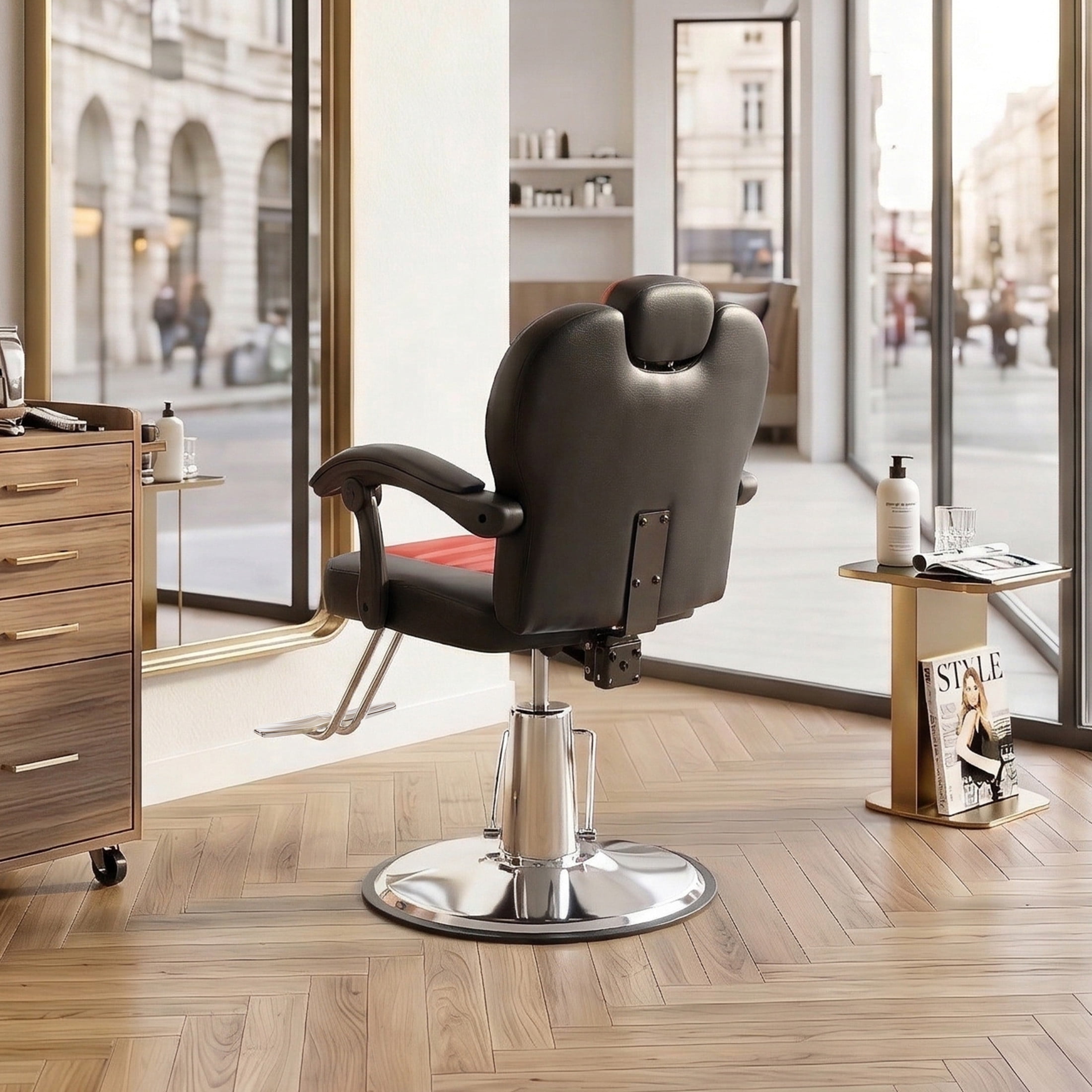 Noble House Heavy Duty Reclining Barber Chair, 360° Swivel Salon Chair with Hydraulic Pump, Black+Red