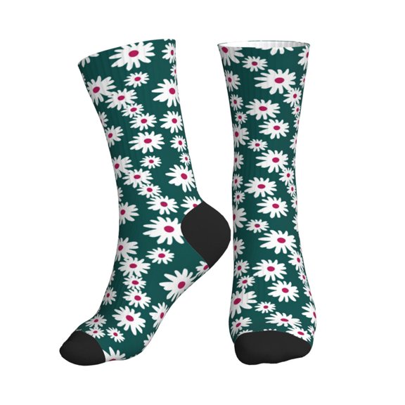 Crew Socks for Women Men Athletic - Daisies Flowers Pine Green Soft Comfort Breathable Mid-Calf Sole Running Socks Womens Men