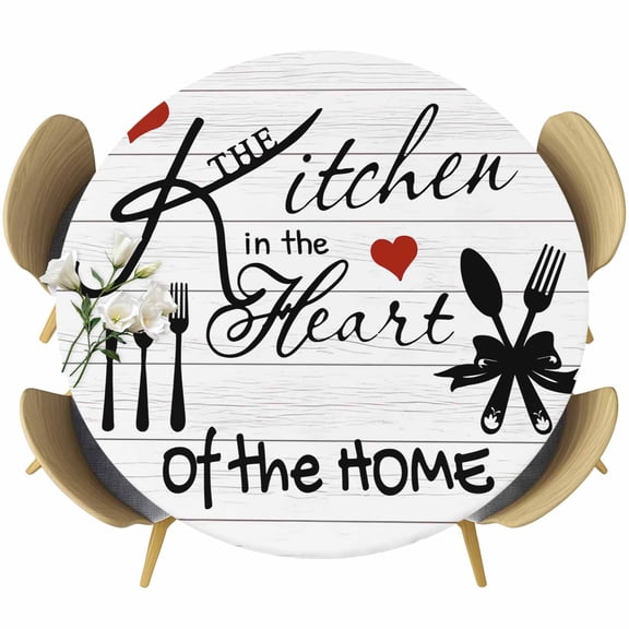 Kitchen Tableware Table Cloth, Round Fitted Tablecloths with Elastic Edge, Red Love Heart Black Words Vintage Wipeable Waterproof Table Cover for Kitchen Wedding 36-44 Inches