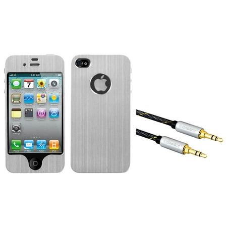 Insten Silver brushedMETAL Decal Shield Phone Case for iPhone 4 4S (+ 3.5mm Auxiliary (Best Iphone 4 Contract Deals)