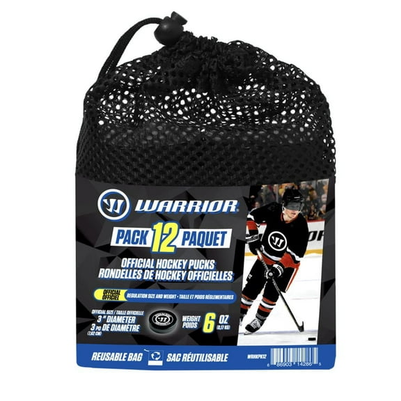 Warrior 12-pack 6oz Official Size Hockey Pucks in a Mesh Bag